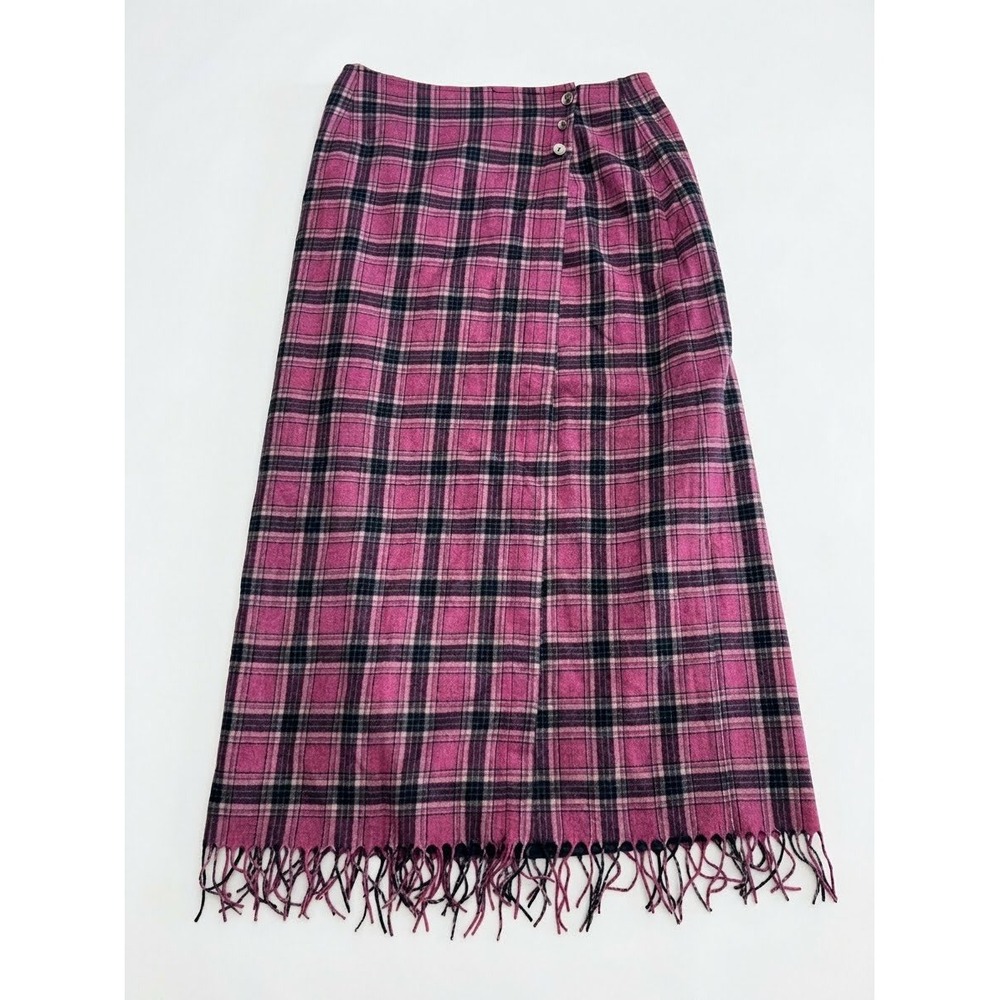 Carol Anderson Collection Maxi Skirt Womens 10 Pink Plaid Wool Wrap Fringe